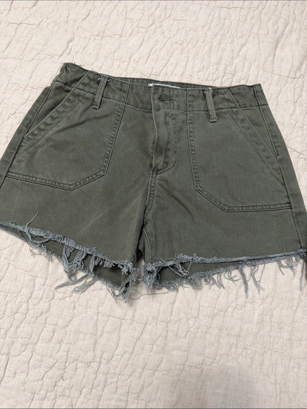 PAIGE Olive Green Frayed Hem Denim Shorts